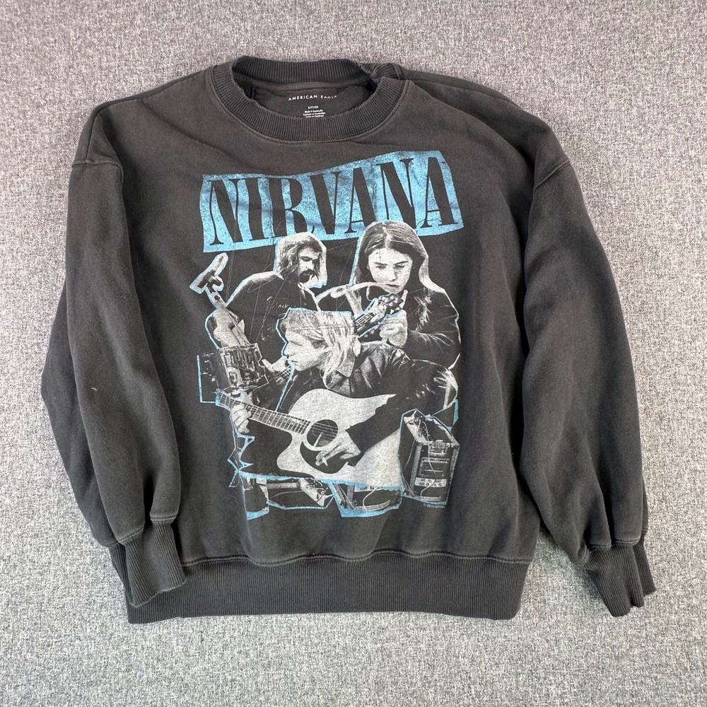 American Eagle Sweatshirt Womens S Nirvana Graphic Black Distressed Neck Top